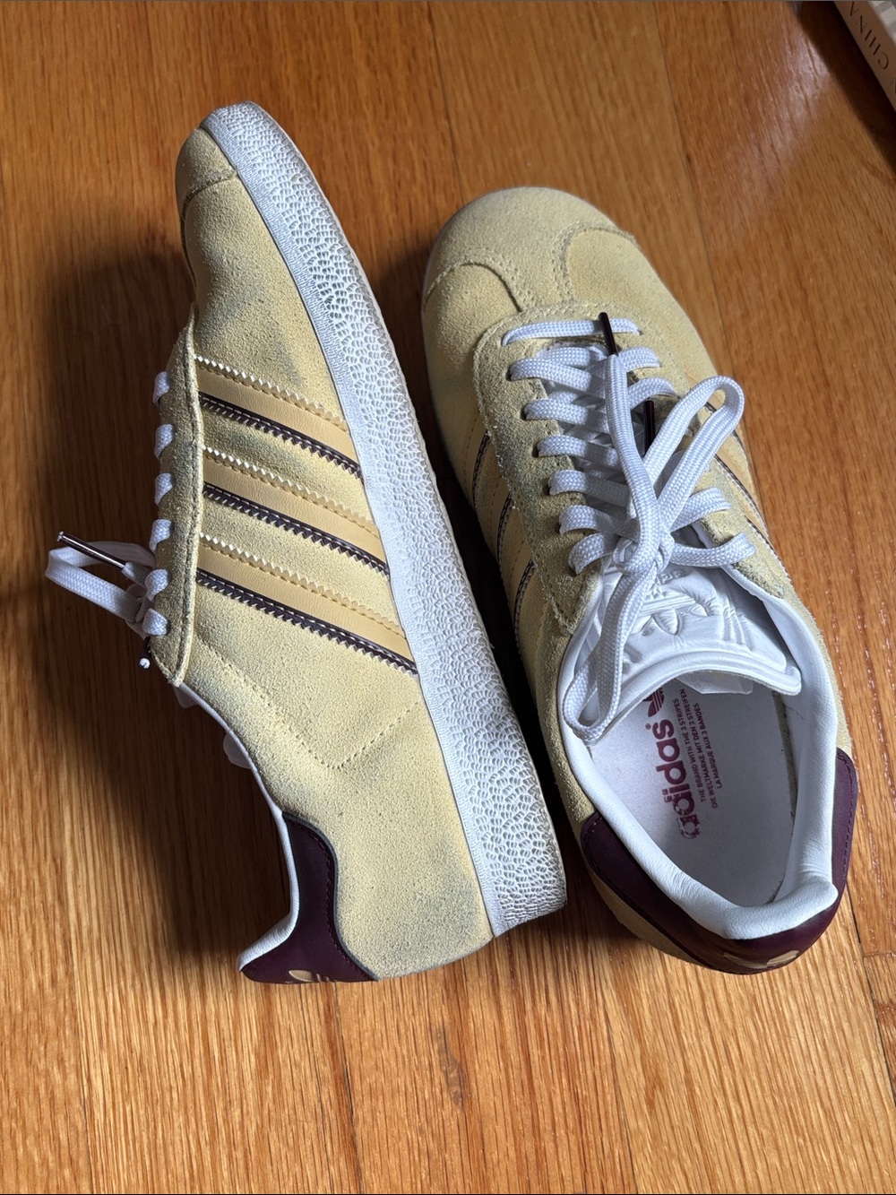 adidas Pale Yellow Suede Sneakers with Maroon Accents